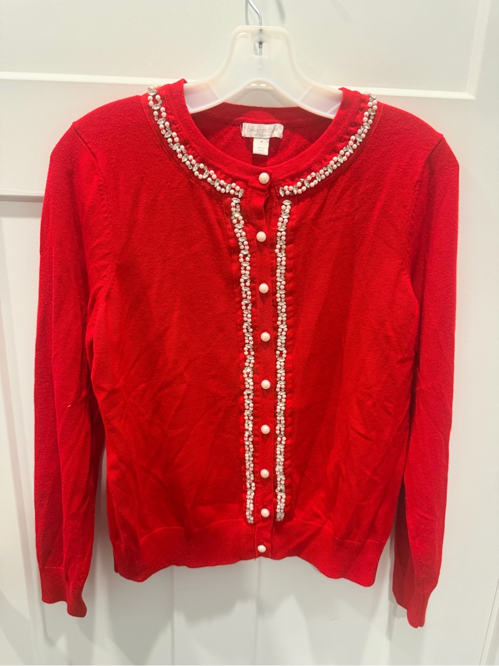 Charter Club Red Pearl Rhinestone Holiday Cardigan Sweater Medium